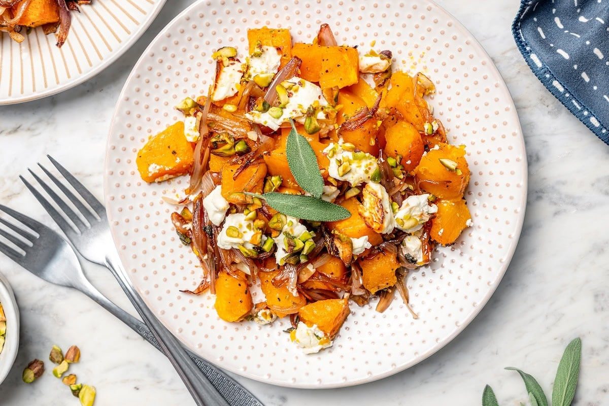 Baked Butternut Squash With Goat Cheese and Pistachios